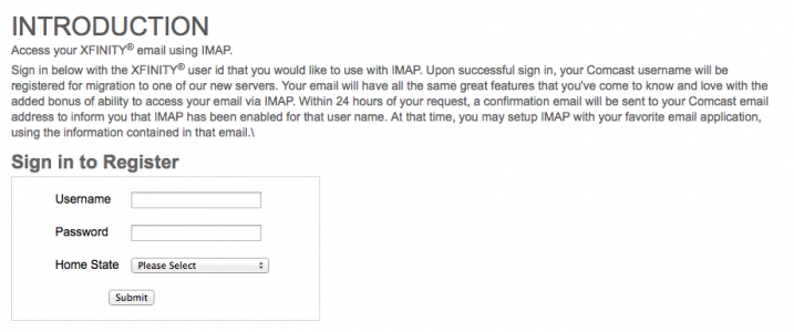 Comcast's IMAP Registration