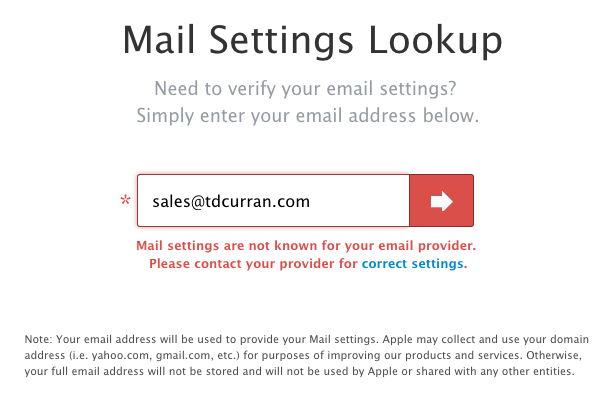 unknown email in mail settings lookup