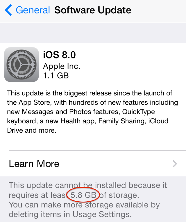 iOS 8 Storage Capacity